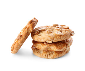 Tasty peanut cookies on white background