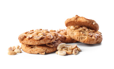 Tasty peanut cookies on white background