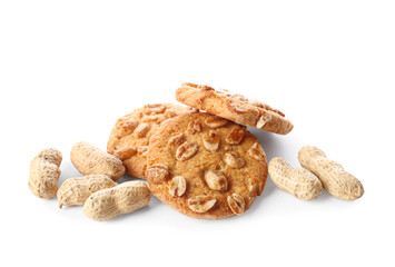 Tasty peanut cookies on white background