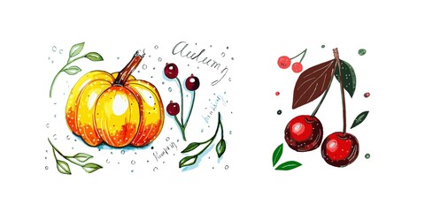 Pumpkin and cherries. Berries and vegetables, summer harvest. Leaves and berries. Drawing with markers. Hawthorn on a twig.