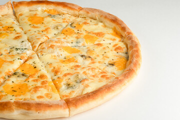 Pizza four cheeses, cheese on a white background