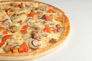 Pizza with meat, mushrooms, tomatoes, onions and cheese on a white background
