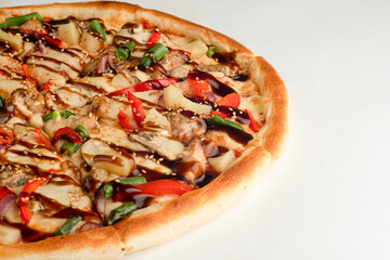 Pizza with mushrooms, meat, bell pepper, pineapple, green beans and cheese on a white background