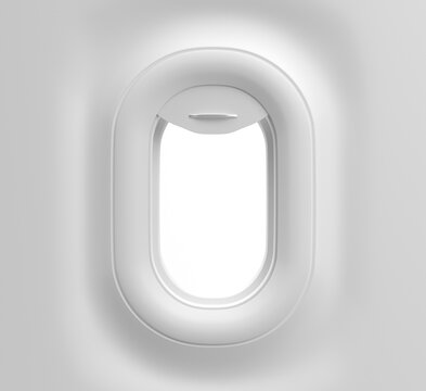 Aircraft window, front view. Rounded airplane porthole with open curtain and white sunlight outside. Realistic mockup of plane cabin interior with illuminator of plastic and plexiglass, 3d render