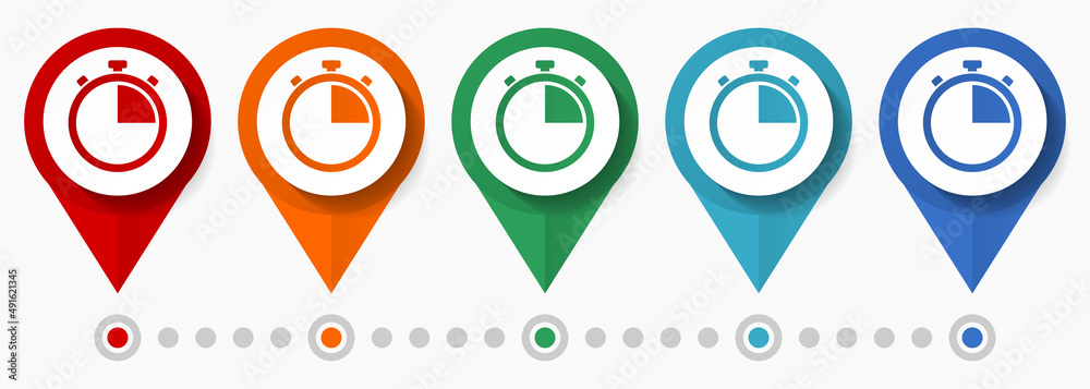 Aufkleber clock concept vector icon set, flat design stopwatch pointers, infographic template easy to edit