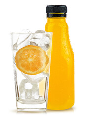 orange fruit and orange juice in bottle white glass and ice isolated on white background