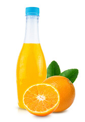 orange fruit and orange juice in bottle white glass and ice isolated on white background