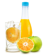 orange fruit and orange juice in bottle white glass and ice isolated on white background