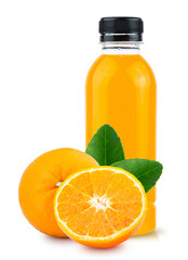 orange fruit and orange juice in bottle white glass and ice isolated on white background