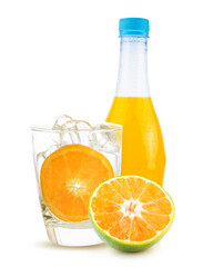 orange fruit and orange juice in bottle white glass and ice isolated on white background