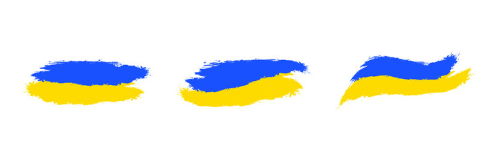 Ukrainian flags .  Set of Hand- drawn brush stroke flag of Ukraine.  Blue and yellow painted flag . Vector illustration . 10 eps