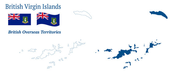 British Virgin Islands map. British Overseas Territory in the Caribbean. Detailed blue outline and silhouette. Country flag. Set of vector maps. All isolated on white background. Template for design.