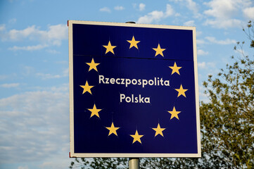 european union flag , poland and germany border sign,taken in stettin szczecin west poland, europe