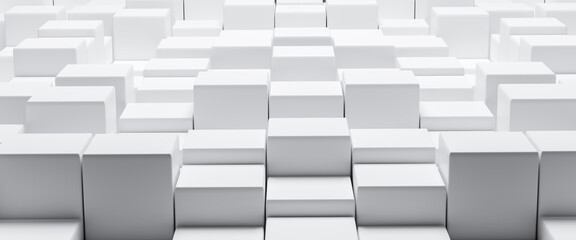 Abstract and Illustration of white box or cube background, marble cubes in random level broken up into blocks, light and shadow with free space, studio minimal showcase, 3D rendering and copy space.