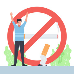 Man happy with forbidden sign behind metaphor of quit smoking
