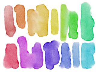 Hand Drawing Watercolor Rainbow set of abstract shapes. Aquarelle on paper. Use for poster, card, template, background, print, design, pattern 