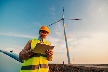 Engineer standing in front of turbines on a wind farm
