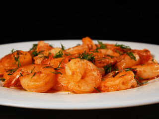 Fried king prawns on a white plate, close-up