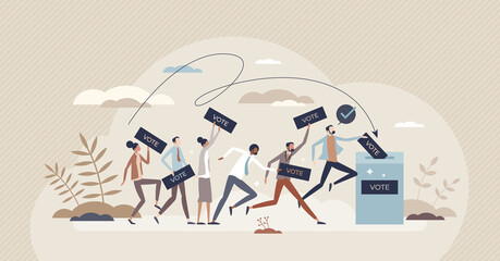 Voting people for candidates as democratic process tiny person concept. Presidential government with election selection vector illustration. Politic ballot with various options decision. Citizen duty.