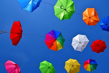 Les Andelys; France - july 2 2019 : umbrellas in a street