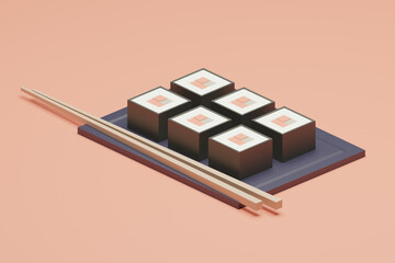 3d render low poly japanese sushi rolls with bamboo sticks