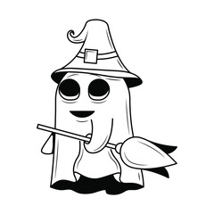 Happy Halloween Greeting Ghost Spirit With Hat And Broom Witch Background. Vector Design Banner Party Invitation Web Poster Flyer Stylish Brochure, Greeting Card Template