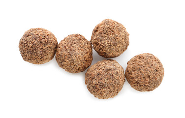 Delicious chocolate truffles on white background, top view