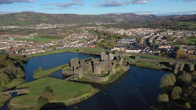 Caerphilly Castle, Castell Caerffili, medieval castle dominating the centre of town, Caerphilly, Glamorgan, Wales, United Kingdom