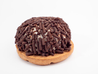 cake with chocolate chips on a white background.