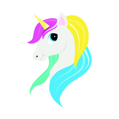 unicorn portrait. unicorn head in profile with multi-colored hair. vector illustration, eps 10.