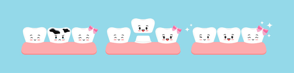 Cute teeth multiple caries, crown stage in gym before and after dental character isolated. Teeth dentistry restoration with ceramic crown in cavity treatment concept. Flat cartoon vector illustration.