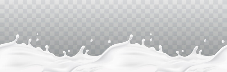 Milk splash seamless pattern isolated on transparent background. 3d realistic yogurt wave border. Vector milky package design
