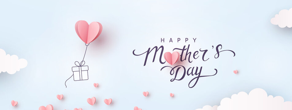 Mother's day postcard with paper flying elements and gift box on blue sky background. Vector symbols of love in shape of heart for greeting card design