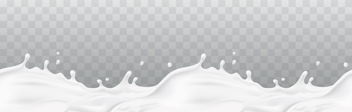 Milk splash seamless pattern isolated on transparent background. 3d realistic yogurt wave border. Vector milky package design