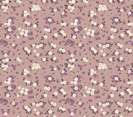 Cute floral pattern in the small flower. Seamless vector texture. Elegant template for fashion prints. Printing with small white flowers. Violet brown background. Stock print.