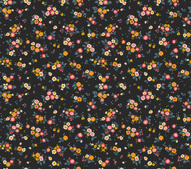 Floral pattern. Pretty flowers on black background. Printing with small white, yellow and pink flowers. Ditsy print. Seamless vector texture. Spring bouquet. Stock vector.