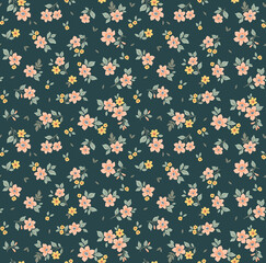 Seamless floral pattern. Ditsy background of small pink coral  flowers. Vector pattern. Elegant template for fashion prints. Dark gray green background. Summer and spring motifs.