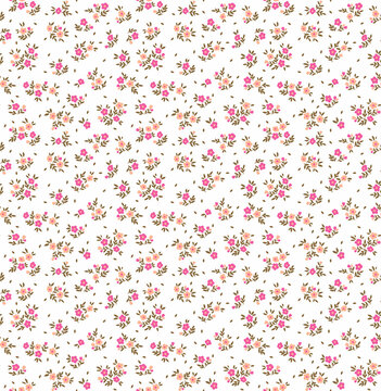 Vintage floral background. Floral pattern with small pink and beige flowers on a white background. Seamless pattern for design and fashion prints. Ditsy style. Stock vector illustration.