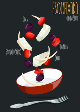 Esqueixada, a traditional Catalan salad with shredded salt cod, tomatoes, onions. Vector illustration