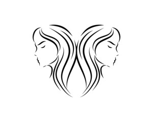 Abstract vector of a girl-woman. Black and white line .The zodiac sign is Gemini. For logos, emblems, badges, label templates, tattoos.Isolated on a white background