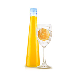 set orange with orange juice bottle in empty glass and ice