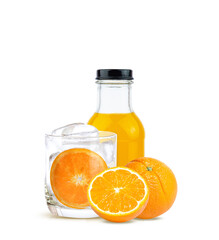 set orange with orange juice bottle in empty glass and ice