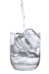 pour water  ice in glass isolated on white background