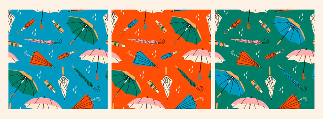 Different umbrellas in various positions. Open and folded umbrellas. Hand drawn colored Vector illustrations. Cartoon style. Set of three Square seamless Patterns. Colorful background, wallpaper © Dariia