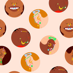 Close up portraits of Young women with Various types of nose, mouth and ear Piercing. Different Piercings Jewelry. Hand drawn modern Vector illustration. Round Icons. Square seamless Pattern