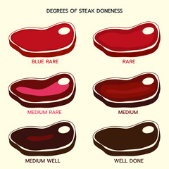 Hand drawn cute chart illustration vector; 6 degrees of steak doneness (blue rare, rare, medium rare, medium, medium well, well done) isolated on light cream background. 