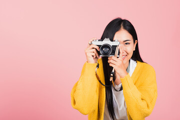 .Attractive energetic happy Asian portrait beautiful young woman smiling photographer taking a...