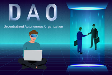 DAO, Decentralized Autonomous Organization. Businessman signing smart contract on blockchain and metaverse hologram.