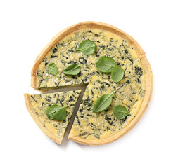 Sliced delicious homemade spinach pie isolated on white, top view