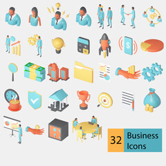Business icons pack 3d orthographic view 